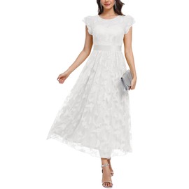 DEARMSROSE Women's Casual Tulle Midi Dress Ruffle Sleeve Crewneck Lace Flowy Dresses Party Wedding Guest Sundress（XL,White）