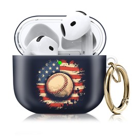 AKPZV for AirPods 4 Case, Cute AirPod 4th Generation Cases Cover for Women Girly with Gold Keychain for AirPod 4 Cover 2024 (Baseball American Flag)