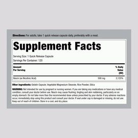 Piping Rock Niacin 500mg Flush | 120 Capsules | Non-GMO and Gluten Free Supplement