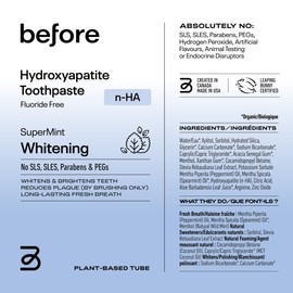 Before Fluoride Free n-HA Whitening Toothpaste, Natural, Nano Hydroxyapatite Helps Strengthen Teeth & Remineralize Enamel for Better Mouth Health, Plant Based Tube, Long-Lasting Mint Flavour — 100ml