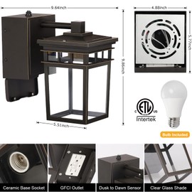 Porch Light with GFCI Outlet Built in, Dusk to Dawn Outdoor Lighting with Outlet, Waterproof Anti-Rust Alunmium Exterior Wall Mount Fixture, Outside Light for House Garage Front Door, Bulb Included