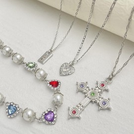 Layered Cross Necklace for Women Rhinestone Pearl Cross Choker Necklace Multi-Layer Y-Shped Chain Necklace Heart Cross Pendent Necklace Statement Jewelry(Silver)