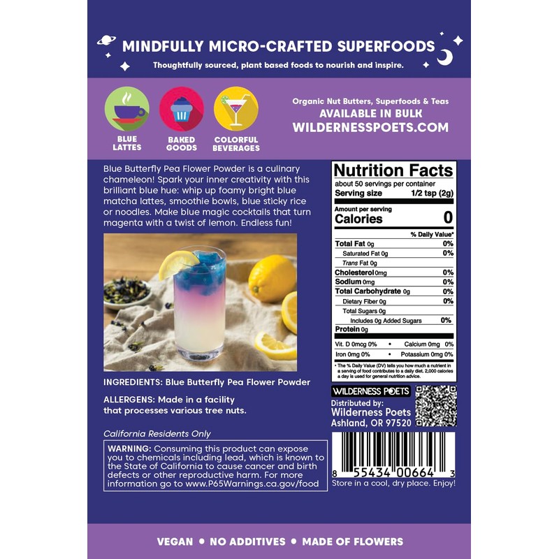 Wilderness Poets, Blue Butterfly Pea Flower Powder - Blue Matcha