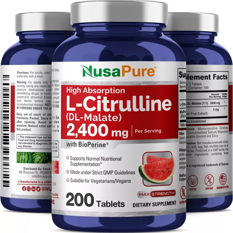 NusaPure L-Citrulline 2,400mg 200 Vegetarian Tablets (Non-GMO & Gluten Free)