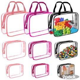 Reofrey 9 Pcs Clear PVC Toy Storage Bags with Zipper, 3 Sizes Multi-Purpose Storage Bag with Handles, 3 Colors Toy Organizer Travel Toiletry Bag Wash bag, Puzzle Storage, Clothes Cosmetic Organizer