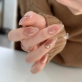 BIBII Nails Handmade Nail Tip, 3D Nails, Floral Pattern, Spring & Summer, Korea, Popular, Almond, 10 Pieces, Long Pink, Cat Eye, Magnet, 100% Handmade Nails for Easy Installation, Reusable, Glossy,