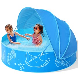 Hikiddy Foldable Kiddie Pool with Canopy: 47in Baby Pool and Beach Tent for Toddlers Infants 6-12 Months and Kids 2-4 Years Old - Portable Water Play with Shade for Outdoor Backyard Beach (Blue-Blue)