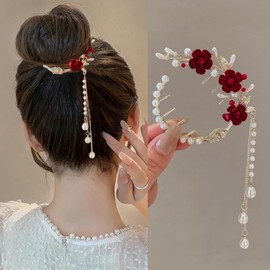 Flower Hair Clips Red Rose Hair Claw Clips Flower Ponytail Buckle Hairpin Tassel Pill Hair Clip Camellia Pearl Ponytail Holder Claw Clip Rose Hair Barrettes Valentines Hair Accessories for Women Girls