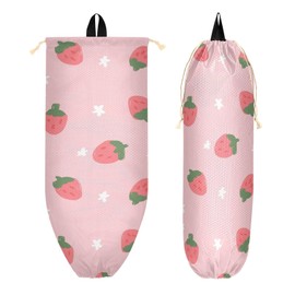 1 PC Plastic Bag Holder Wall Mount Grocery Bag Holder Shopping Bag Trash Bag Storage Organizer Dispenser for Kitchen Closet 22 x 9 Inch Strawberry Pink