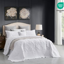 CHIXIN Oversized King Bedspread 128x120 Extra Wide - Lightweight Bedding Cover - Beautiful Stitching - 4 Piece Reversible Bedspread - Gorgeous Damask Paisley Pattern (King/Cal King, Pure White)