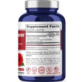 NusaPure Hibiscus Flower 10:1 Extract, 500 mg Equivalent to 5000mg 200 Vegetarian Caps (Non-GMO, Vegan)