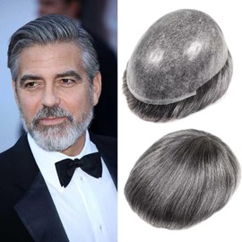 blazingfire Toupee for Men Hair Replcement System Mens Toupee Human Hair Piece Full Poly Thin Skin All PU Injection Male Toupee 8x10 Inch 1B Off Black with 50% Synthetic Grey Hair