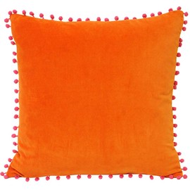 Riva Paoletti Velvet Pompom Cushion Cover - Orange - Faux Velvet Fabric - Contrasting Fuchsia Pink Pompom Edges - Hidden Zip Closure - 100% Soft Cotton - 45 x 45cm (18" x 18" inches)