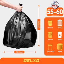 DELXO 55-60 Gallon Trash Bags, 100 Count Heavy Duty Large Black Garbage Bags, 23 Micron Thick Durable and Puncture-Resistant Plastic Bags for Kitchens, Yards & Offices, Made in USA