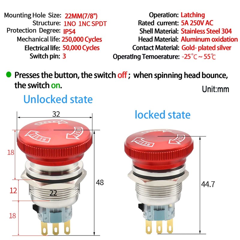 22mm Latching Emergency Stop Push Button Switch SPDT Mushroom Stianless