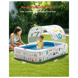QPAU Kiddie Pool – 65" x 39" Inflatable Pool for Kids & Toddlers, Ball Pit & Baby Pool with Soft Cushioned Floor, Canopy for Sun Protection, Durable Outdoor Play Toys for Backyard & Indoor (Blue)