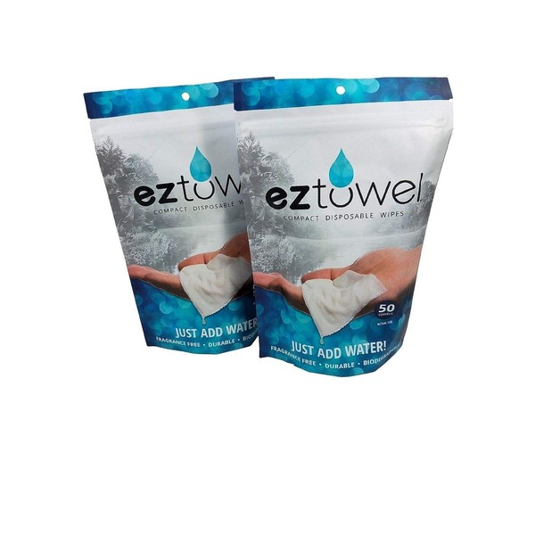 EZ-Towels ( 2 bags of 50) Compressed Tablets Of White Rayon With Travel Tubes That Hold 10 Towels