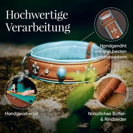 Michur Nice Lagoon Leather Dog Collar, Brown / Blue, with Lilies, Rhinestones and Large Crystal, Available in Various Sizes