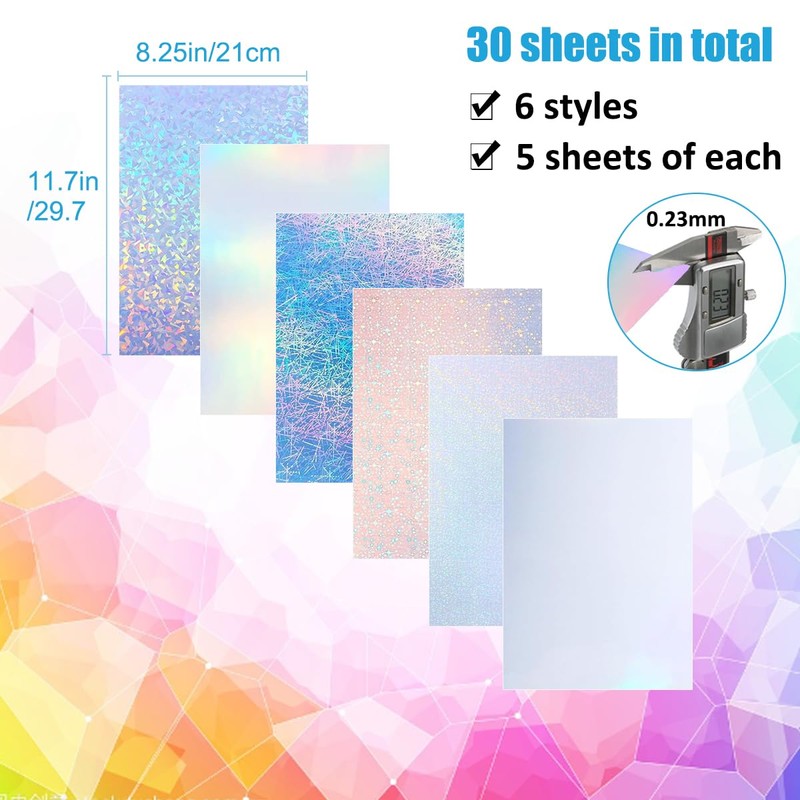 Wonninek 30 Sheets A4 Holographic Paper Sticker, Printable Waterproof Sticker