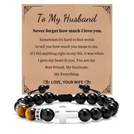 VNOX Cross Bracelet for Men Christian Gifts for Man/Son/Dad/Boyfriend/Brother/Husband Tiger Eye Black Agate Stone Mens Beaded Bracelets Adjustable Bracelet Gifts Easter Birthday Fathers Day