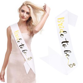 CIEHER Bride to Be Sash Bachelorette Sash Bridal Sash for Bride Bridal Shower Decorations - White & Gold