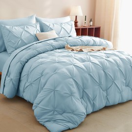 CozyLux Blue Comforter Set King - 7 Pieces Bed in a Bag Light Blue, Pintuck Comforter King Size Pinch Pleat Bedding Sets with All Season Comforter, Flat Sheet, Fitted Sheet and Pillowcases & Shams