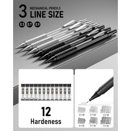 Nicpro 0.5 & 0.7 & 0.9 mm Metal Mechanical Pencil Set with Case, 6PCS MP1000 Artist Lead Pencil with 12 Tubes HB & 2B Lead Refills, 3 Erasers For Architect Art Writing Drafting Sketching Drawing