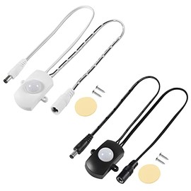2PCS Mini Pir Motion Sensor Switch, DC 5-24V Auto PIR Infrared Motion Sensor Detector LED Light Strip Switch 5.5 DC Plug for DIY LED Lighting, Light Sensor, Time & Distance Adjustable (Black & White)