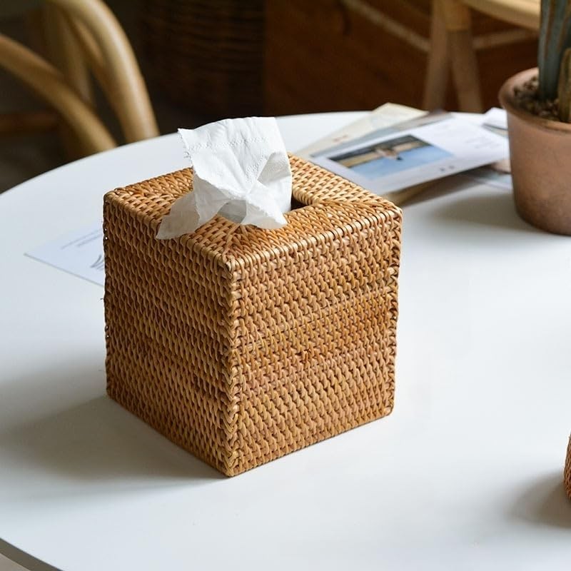 2 Pack Rattan Tissue Box Cover Square, Wicker Tissue Box