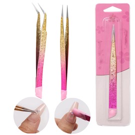 SUKPSY 2 Pcs Nail Art Stainless Steel Double Ended Tweezer,Multifunctional Straight Curved Tip Tweezer Set with Silicone Pressing Head for Nail Art Crafts Rhinestone Stickers DIY Jewelry Making