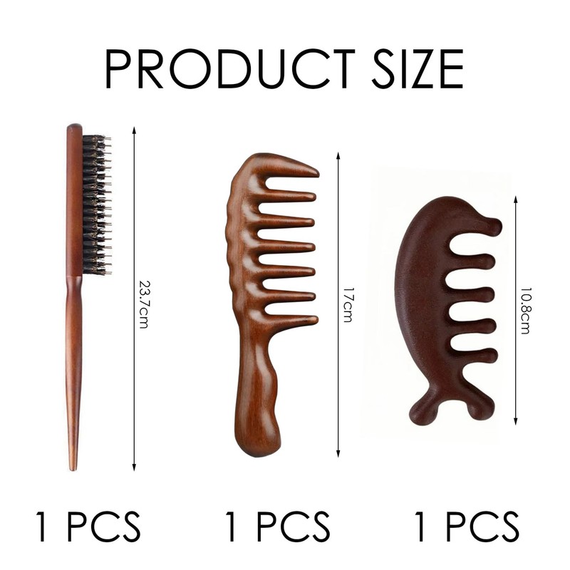 3 Pieces Wooden Handle Comb, Head Massage Comb, Hair Care
