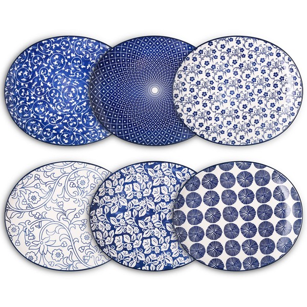 Selamica Porcelain Shallow Oval Dinner Plates, 11 inches Large Curve Plates For Dessert, Pasta, Salad, Microwave, Dishwasher, Oven safe, Set Of 6, Vintage Blue