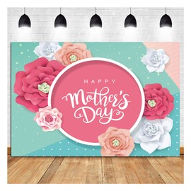 8x6ft Happy Mother's Day Photography Backdrop Pink Flower Photo Green Background for Festival Mother's Day Biethday Party Decoration Banner