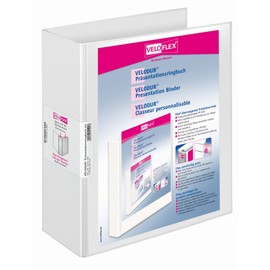 VELOFLEX Velodur 4142190 Presentation Ring Binder, DIN A4, Transparent Pocket on Front and Spine, 4-D-Ring Mechanism, White, Pack of 1
