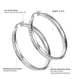 Cupimatch Women's Stainless Steel Large Hoop Earrings Rhinestone Silver Tone Pierced Christmas Gift