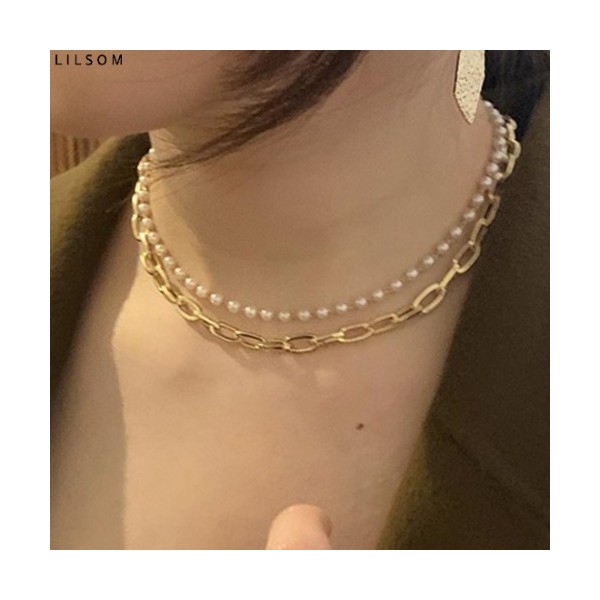 Others LILSOM Chain Pearl Layered Choker Bold Necklace 1ea