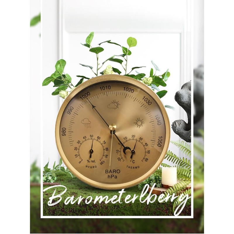Dial Barometer Thermometer Hygrometer (Gold) Metal+ABS+Acrylic for Home, Wall Decor,