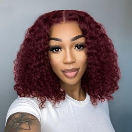 Glueless Wigs Human Hair Pre Plucked Pre Cut, Short Curly Deep Wave Lace Front Wigs Human Hair, 180% Density Wear and Go Glueless Bob Wig Human Hair for Women 12 Inch Burgundy