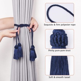 Pretty Jolly 2 Pack Double-Ended Tassel Curtain Tiebacks European Style Decorative Drape Tie Backs Elegant Handmade Braided Rope Knot Curtain Holdbacks for Home & Office Window Drapery (Dark Blue)
