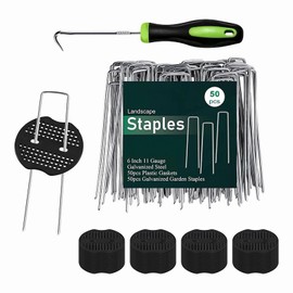 50 Ground Anchors + 50 Buffer Disc, 6 Inch Anti-Rust Galvanised Ground Anchors, U-Shaped Pegs, Garden Stakes for Weed Film, Artificial Grass, Outer Tent, Stable