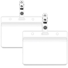 KINGSUM 2 Pack Waterproof Horizontal ID Badge Holder Horizontal Clear PVC Name Holder Tags with Badge Clip Straps (2 Pack,)