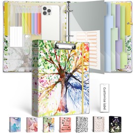 1 Inch 3 Ring Binder Organizer, Three Ring Binder with Clipboard, 5-Tabs Pockets Dividers, Transparent Folder,18 Divider Stikers, BVSSX Decorative Binders for Letter Size 8.5"x11" Paper (Seasons Tree)