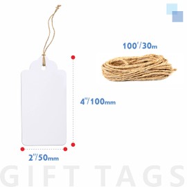 150pcs Kraft Paper Gift Tags White Gift Tags with 30 Meters Natural Jute String for Craft Packaging (10cm x 5cm)