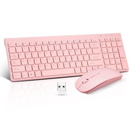 Wireless Keyboard and Mouse Combo, Compact Quiet Wireless Keyboard and Mouse Set 2.4G Ultra-Thin Sleek Design for Windows, Computer, Desktop, PC, Notebook, Laptop-Sakura Pink