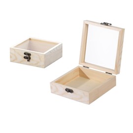CALFOVERA 4.72×4.72×1.97 Inch Wooden Square Storage Box with Glass Hinge Lid Iron Clasp Unfinished Clear Stash Box Transparent Jewelry Display Wood Case Container for DIY Jewelry Storage Gift Package