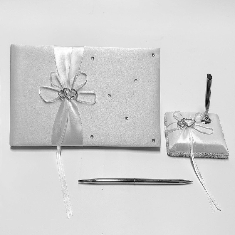 Wedding Guest Book and Pen Set with White Satin Bow,