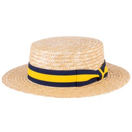 ZAKIRA Classic Straw Boater Hat Handmade from Natural Straw (Navy-Yellow Band, XL)