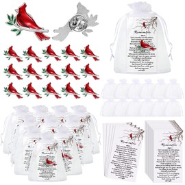 Inbagi Memorial Cardinal Sign Pins Set Include Bird Funeral Pocket Token Red Cardinal Pin Organza Bags and Remember Me Poem Cards Cardinal Charms Funeral Favors for Guests Gift (100)