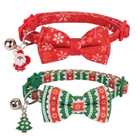 ADOGGYGO Christmas Cat Collar with Bowtie Bell - 2 Pack Red Green Cat Christmas Bowtie Collars, Pet Christmas Collars for Cat Kitten (Christmas)