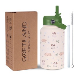 Goetland Cats Dogs Water Bottle with Straw Lid 20 oz Stainless Steel Wide Mouth Vacuum Double Insulated Drinking Cup Cute Printing UV Leakproof for Women Girls Kids Forest Green